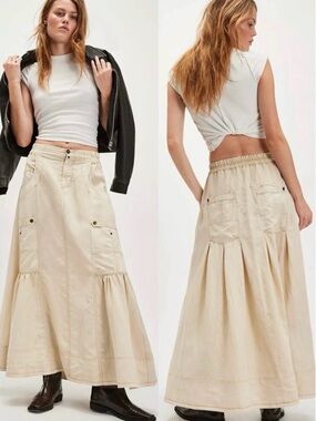 Free People Grunge 90s Cargo Rough Riding Maxi Skirt Birch Neutral Medium Bella